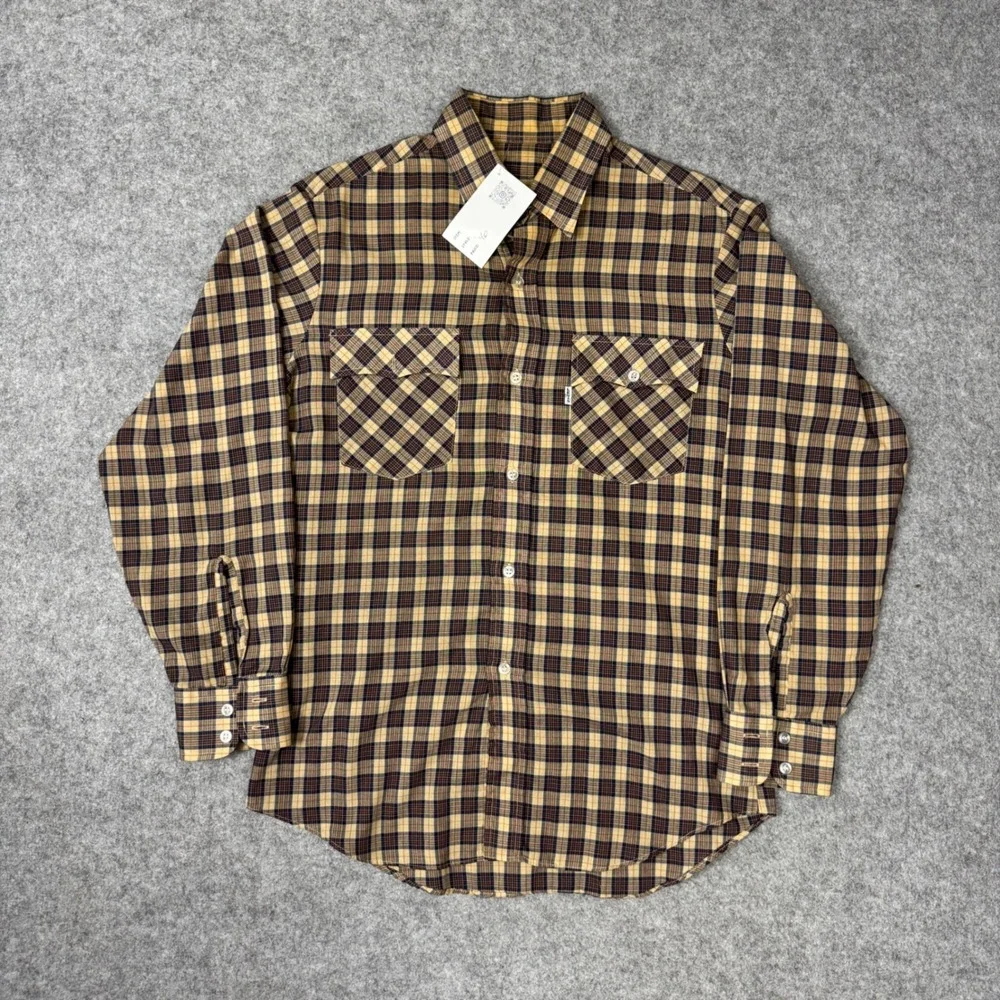 Levis Mens Plaid Long Sleeve Button Down Shirt Tan Brown Navy Workwear Medium